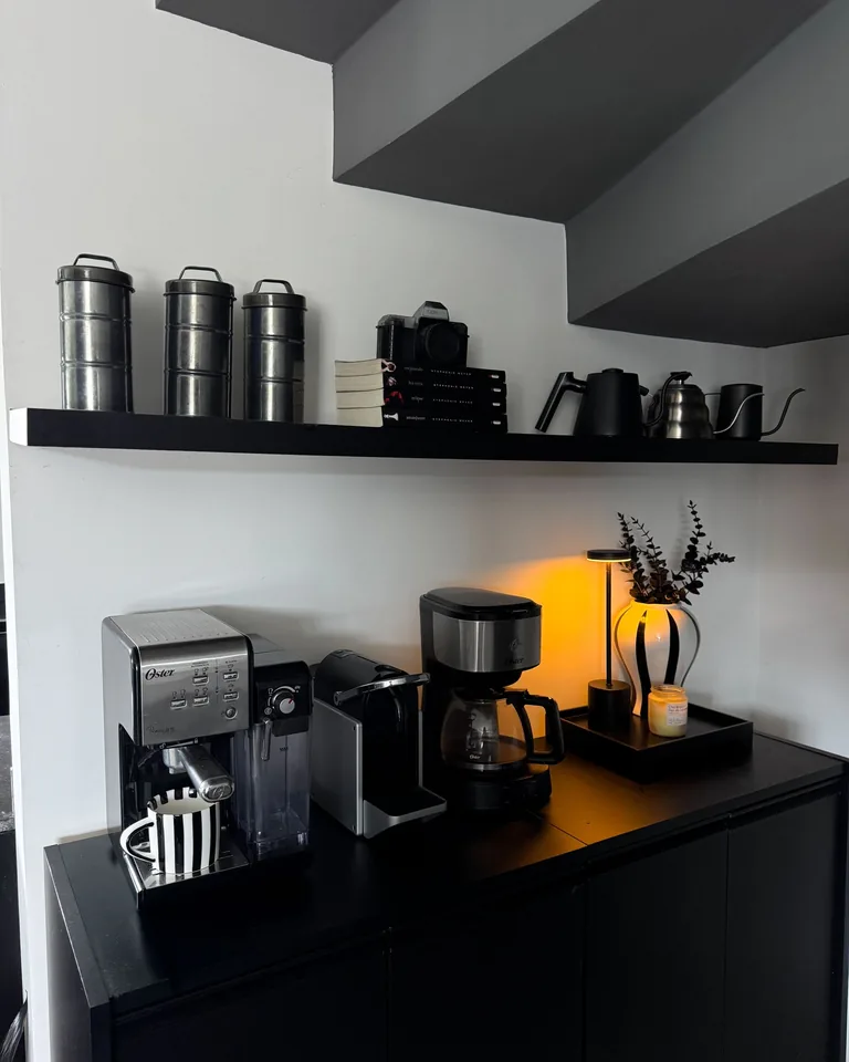 Wooden sideboard styled as a coffee bar