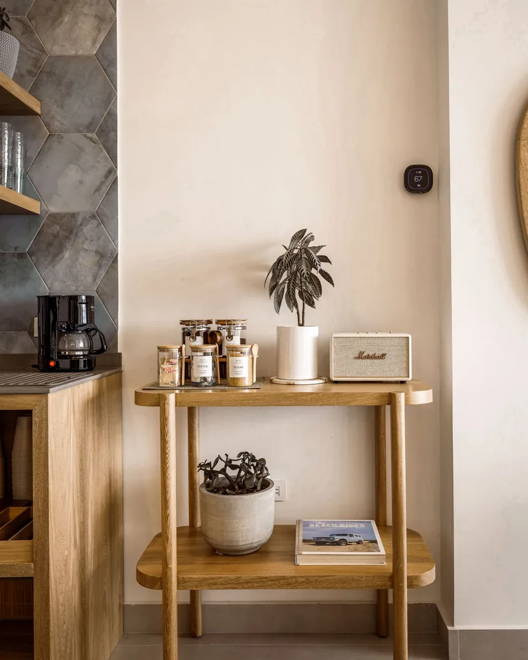 Compact coffee station in a small apartment kitchen