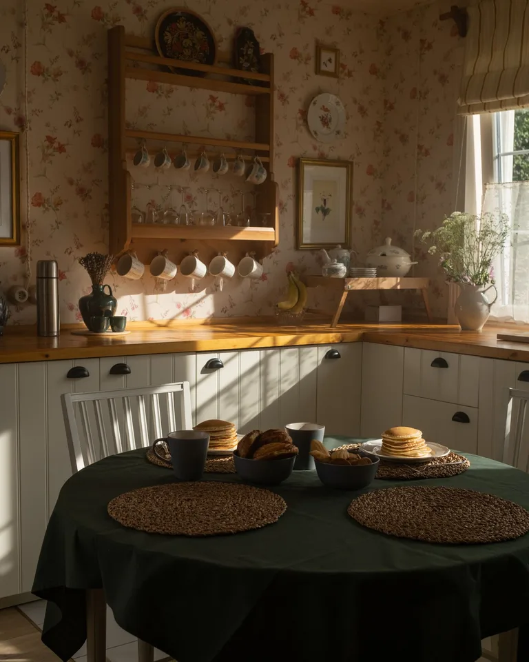 Sunlit country kitchen with pancakes and a tea set on a rustic table