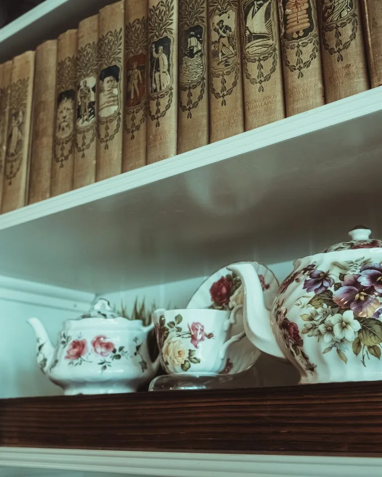 Decorative vintage teapot set on a shelf with classic books