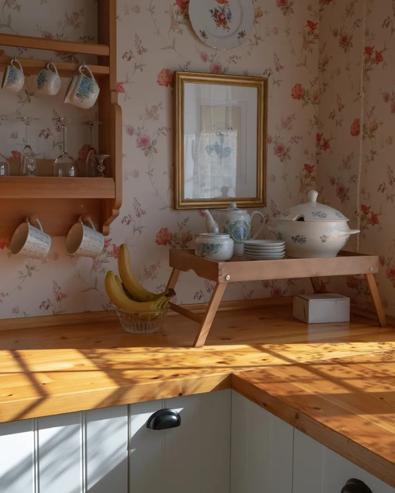 Warm rustic kitchen corner with vintage porcelain and floral wallpaper