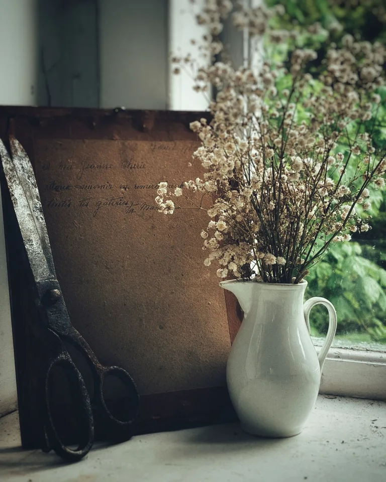 White pitcher with dried flowers on a window ledge
