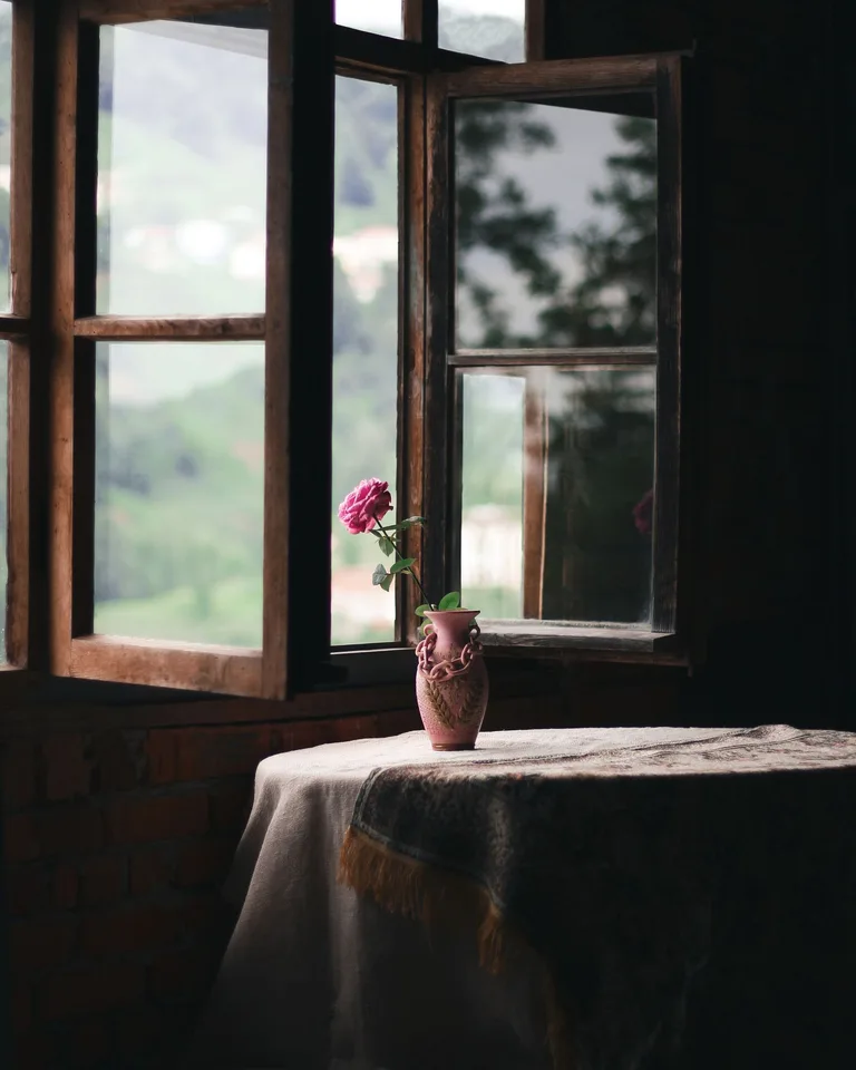 Rustic interior with an open window and a single flower in a vase