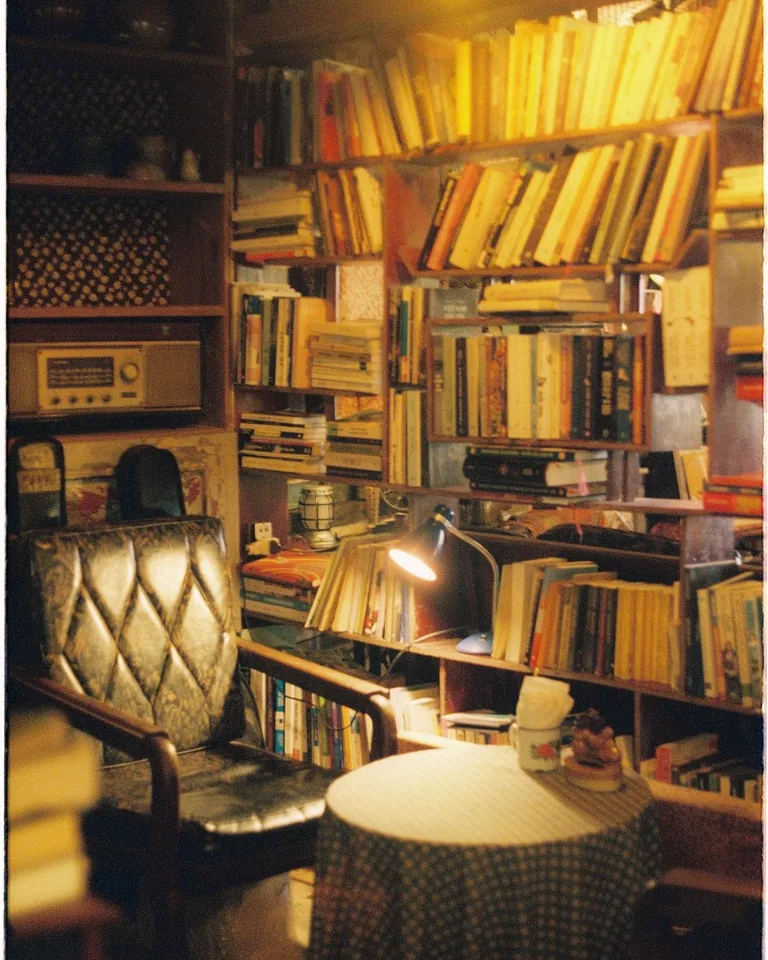 Cozy vintage library corner with an armchair