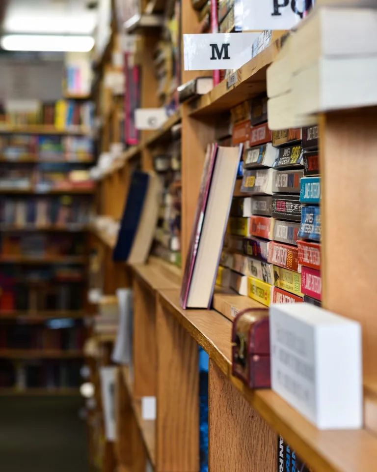 Cozy library with wooden shelves full of books