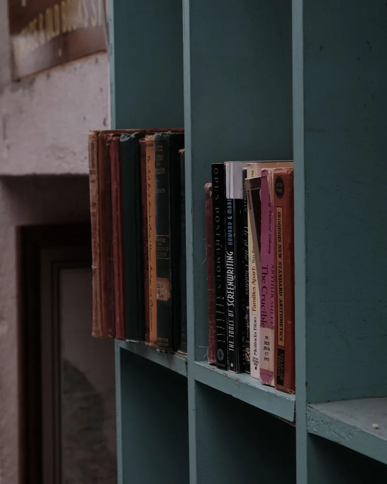 Books arranged in a wooden bookcase
