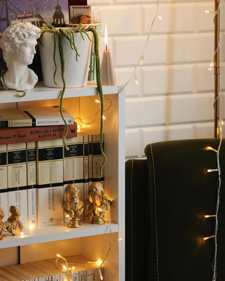 Bookshelf decorated with home decor and fairy lights