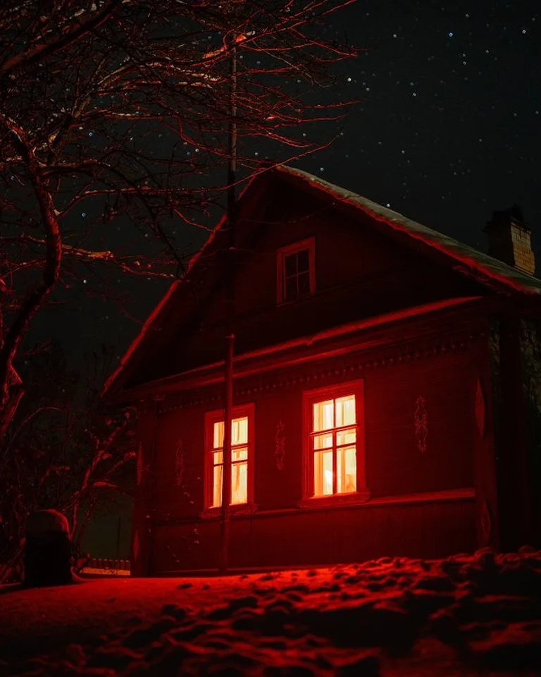 Haunted house glowing red at night, perfect Halloween trail inspiration