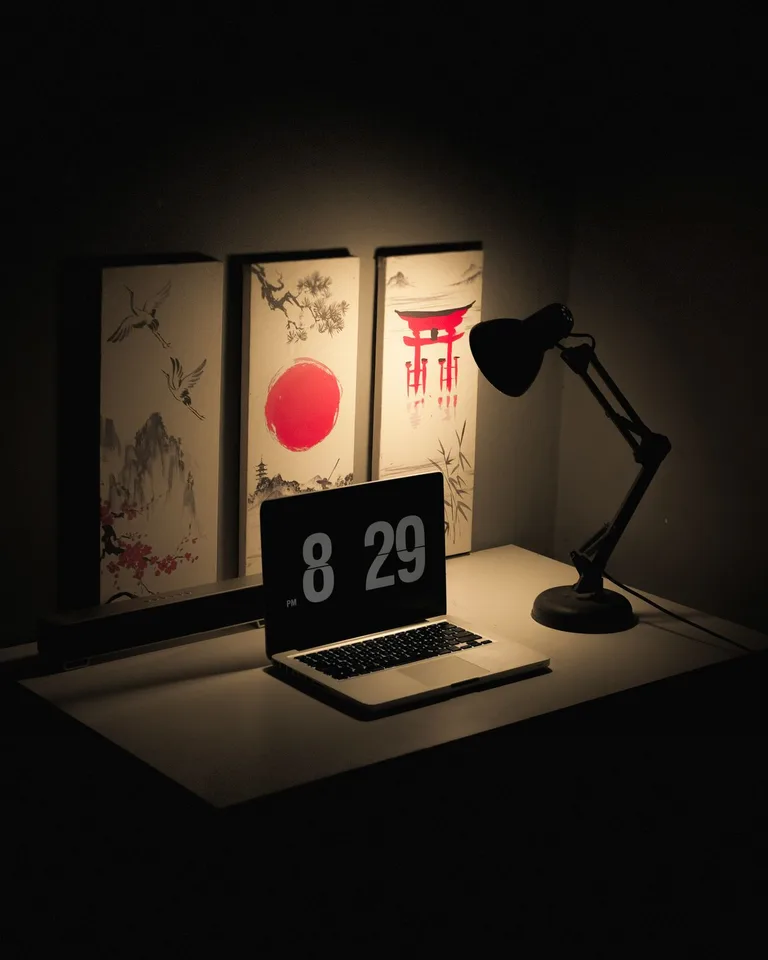 Compact wall-mounted desk setup in a small room