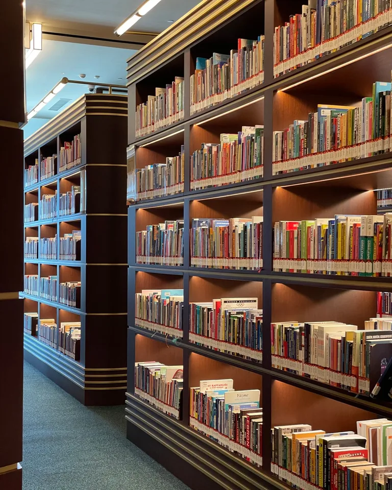 Tall narrow bookshelf filled with books reaching toward the ceiling