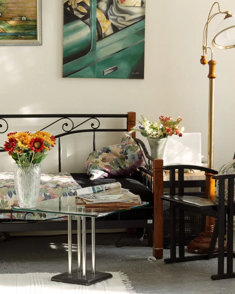 Living room with artistic decor and floral pillows in natural light