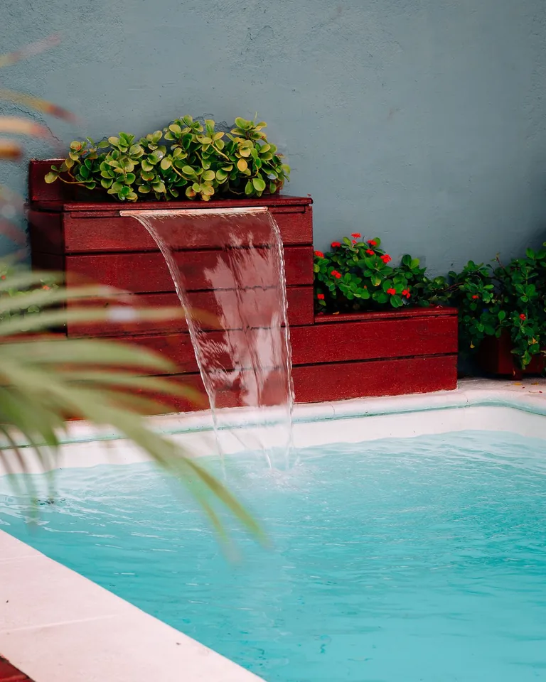 Backyard swimming pool with cascading waterfall and greenery