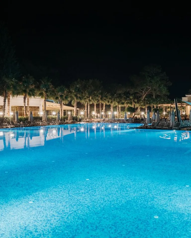 Illuminated luxury swimming pool with palm trees at night