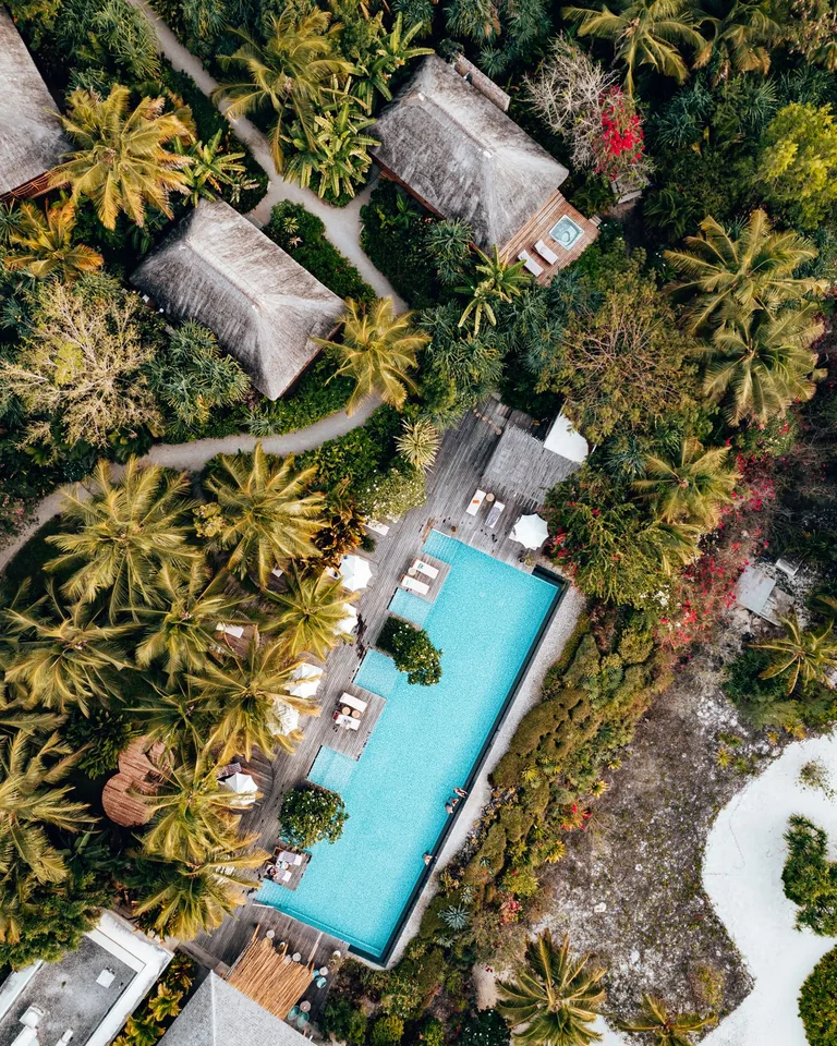 Aerial view of a luxury resort swimming pool