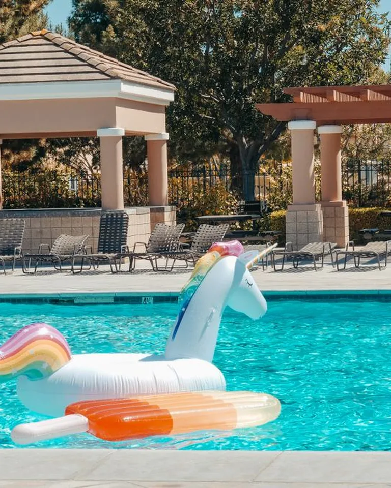 Two inflatable pool floats on a swimming pool