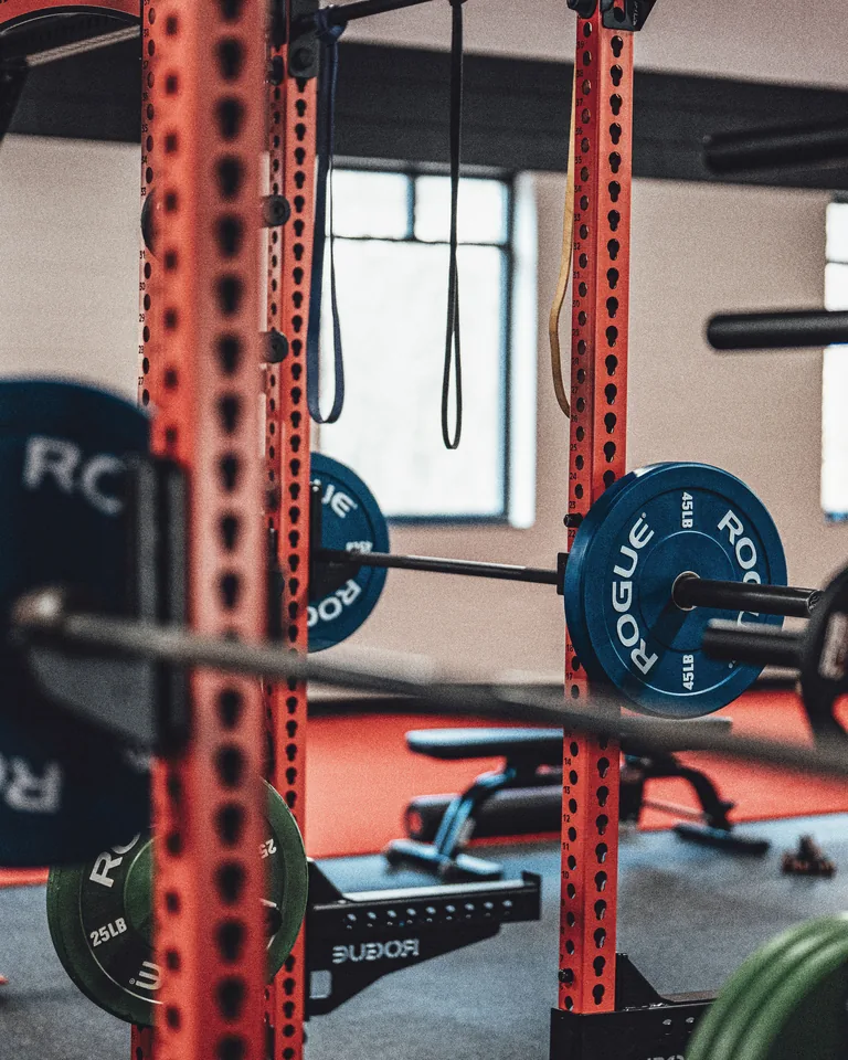 Gym with a rack of weights and barbells