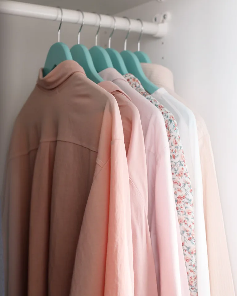 Shirts hanging on racks in a home closet