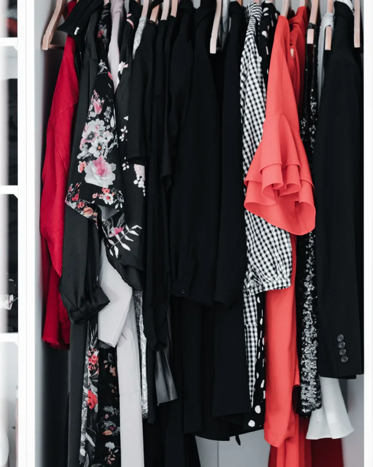 Neatly arranged wardrobe with clothes on wooden hangers