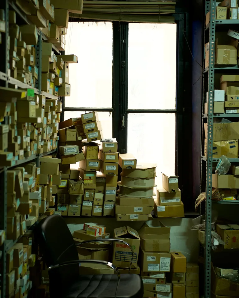 Storage shelves full of labeled boxes