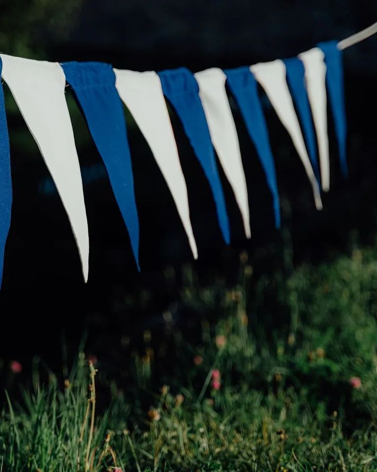 Blue and white bunting flags outdoors