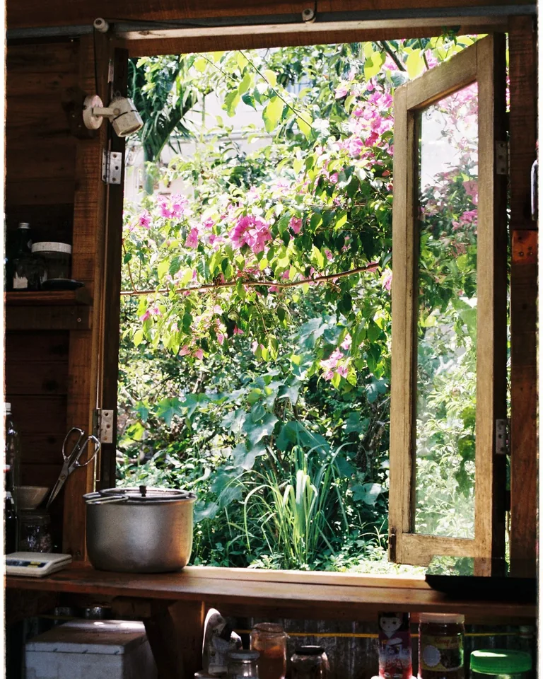 Fresh flowers arranged by a wooden kitchen window