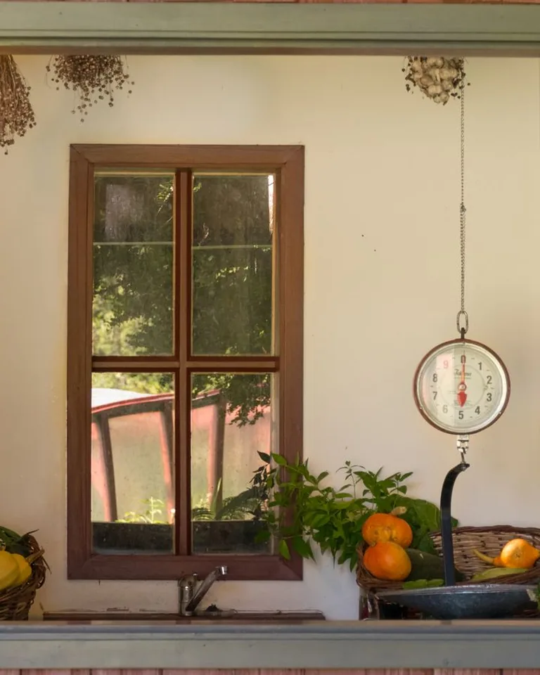 Rustic farmhouse kitchen scene with fruit and herbs